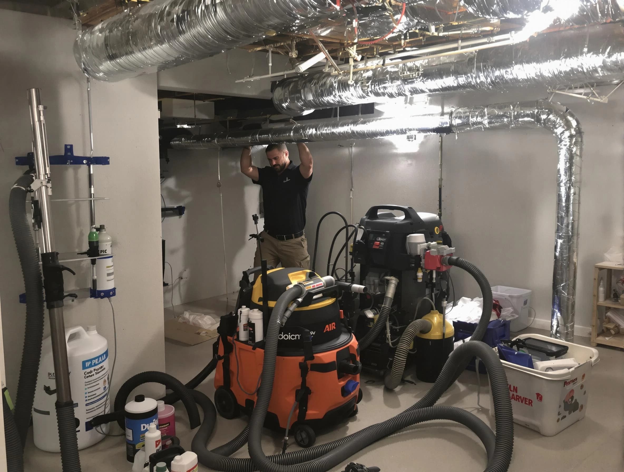 Hampton Air Duct Cleaning specialist performing professional mold removal from air ducts using safety equipment in Hampton