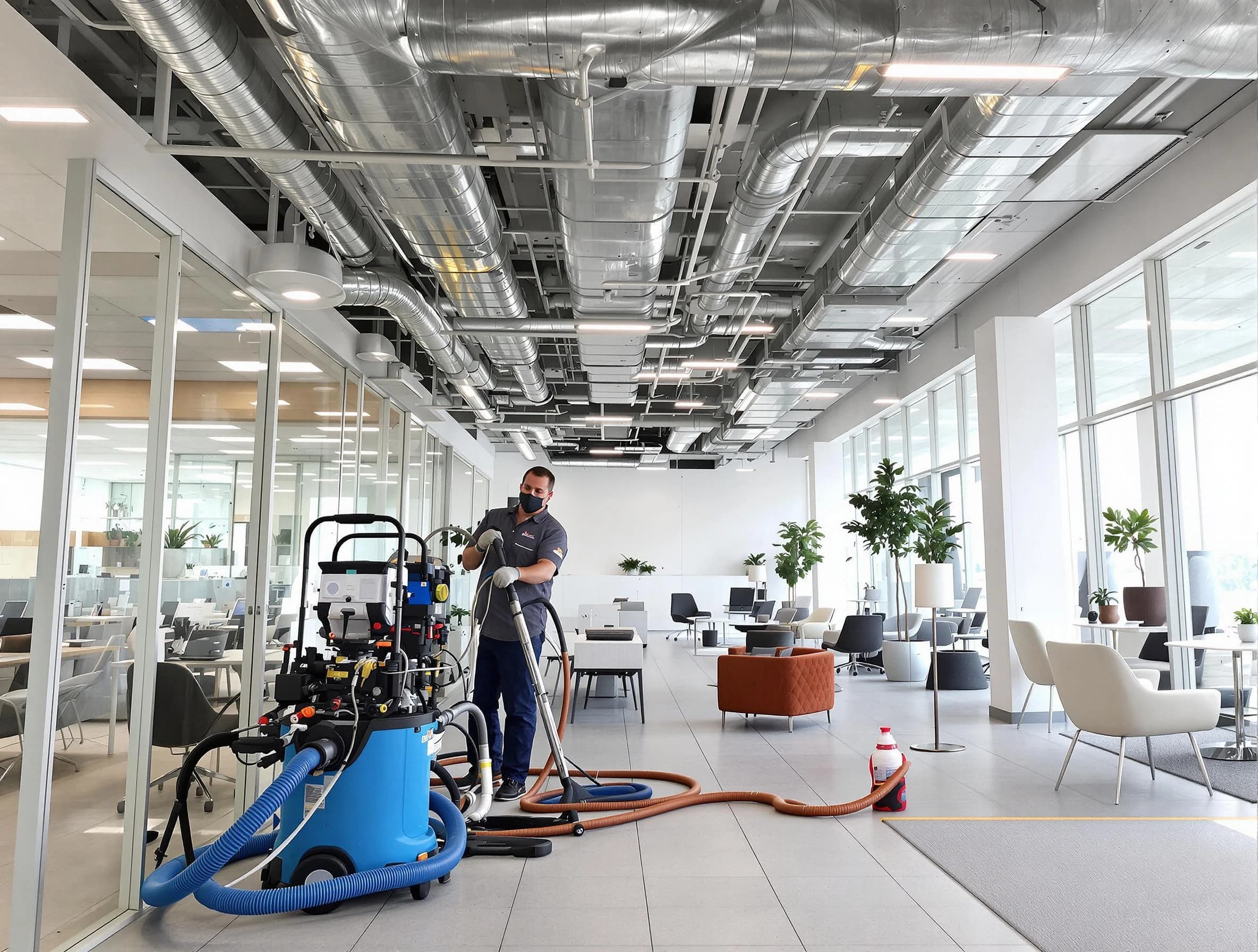 Hampton Air Duct Cleaning team conducting comprehensive commercial duct cleaning at a business location in Hampton